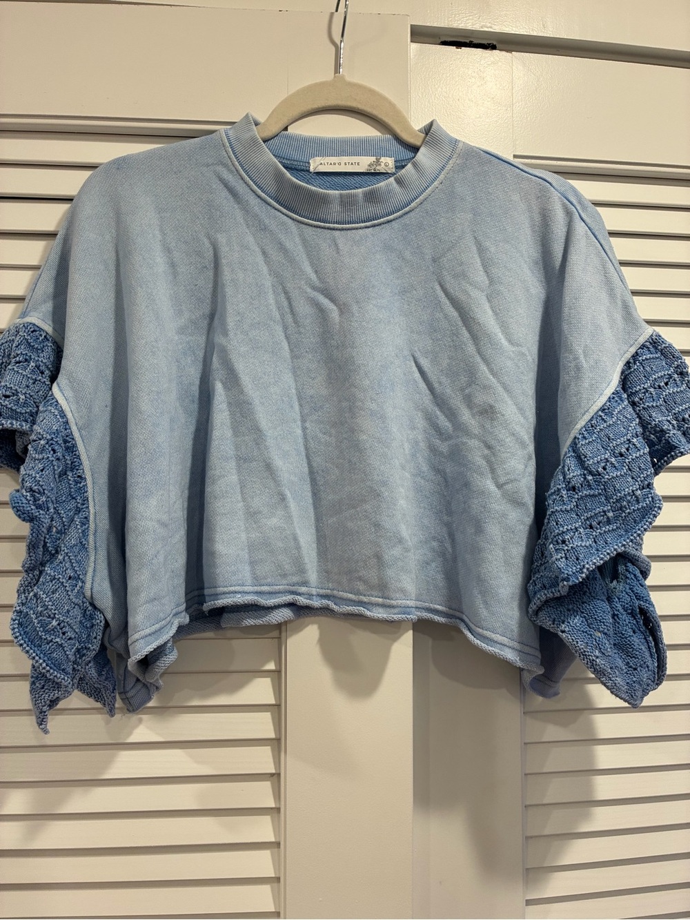 Altar'd State Light Blue Cropped Top with Crochet Ruffle Sleeves boho indies LRG